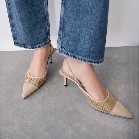 Zara NWT Mesh net detail pointed toe sling back heels size 40 - Picture 4 of 12